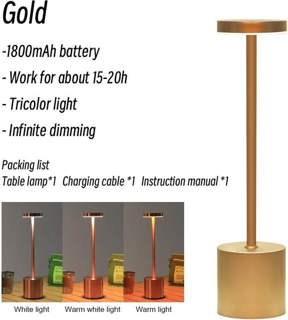 YWZT Dekorative LED-Tischlampe aus Metall in Gold/Messing, dimmbare Touch-Nachtlampe mit Akku für Schlafzimmer und Außenbereich - Bild 1