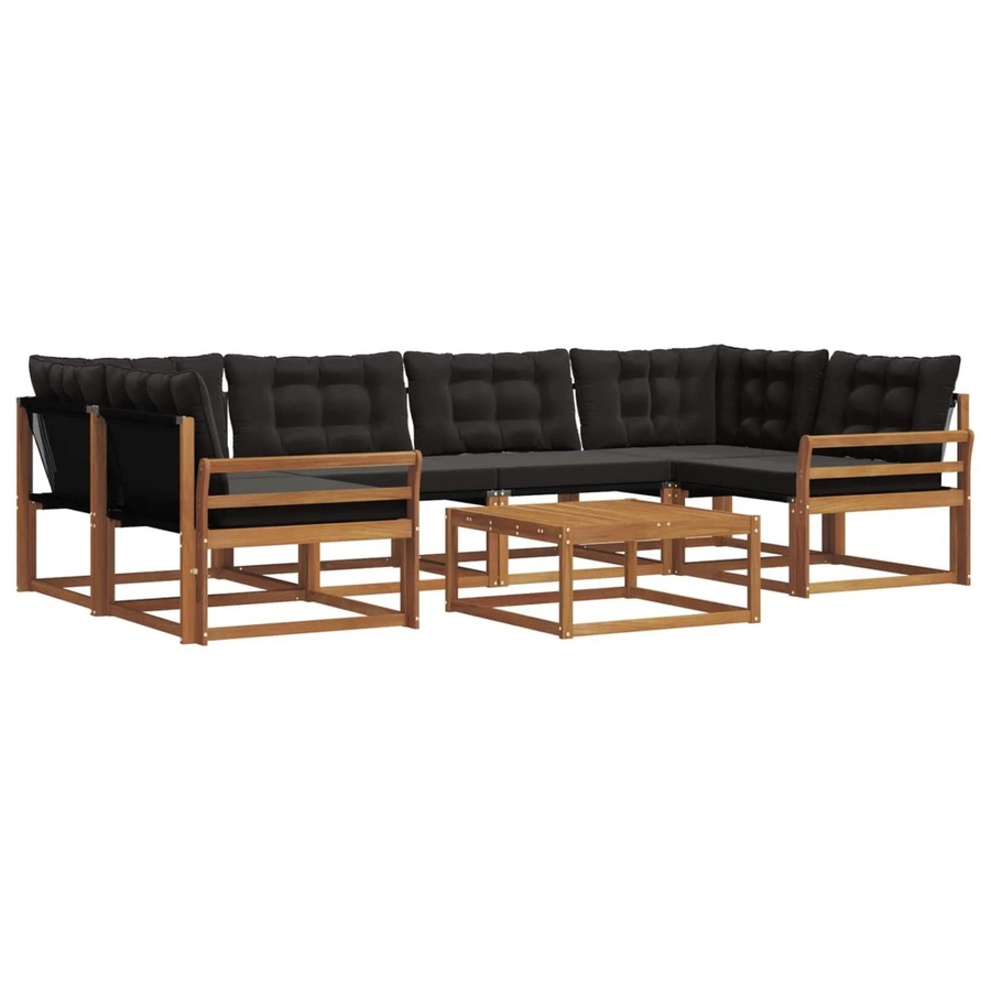 vidaXL Outdoor-Sofagarnitur 7-teilig in U-Form aus Akazienholz und Textilene mit Kissen, Schwarz/Natur - Bild 2