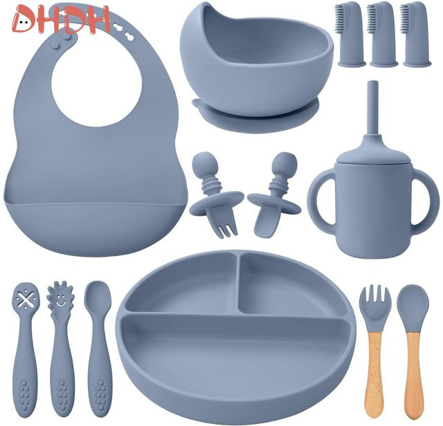 DHDH Silikon Baby Fütterung Set in Blau mit Teller, Löffel, Gabel, Becher und Lätzchen für die Beikostzeit - Bild 1