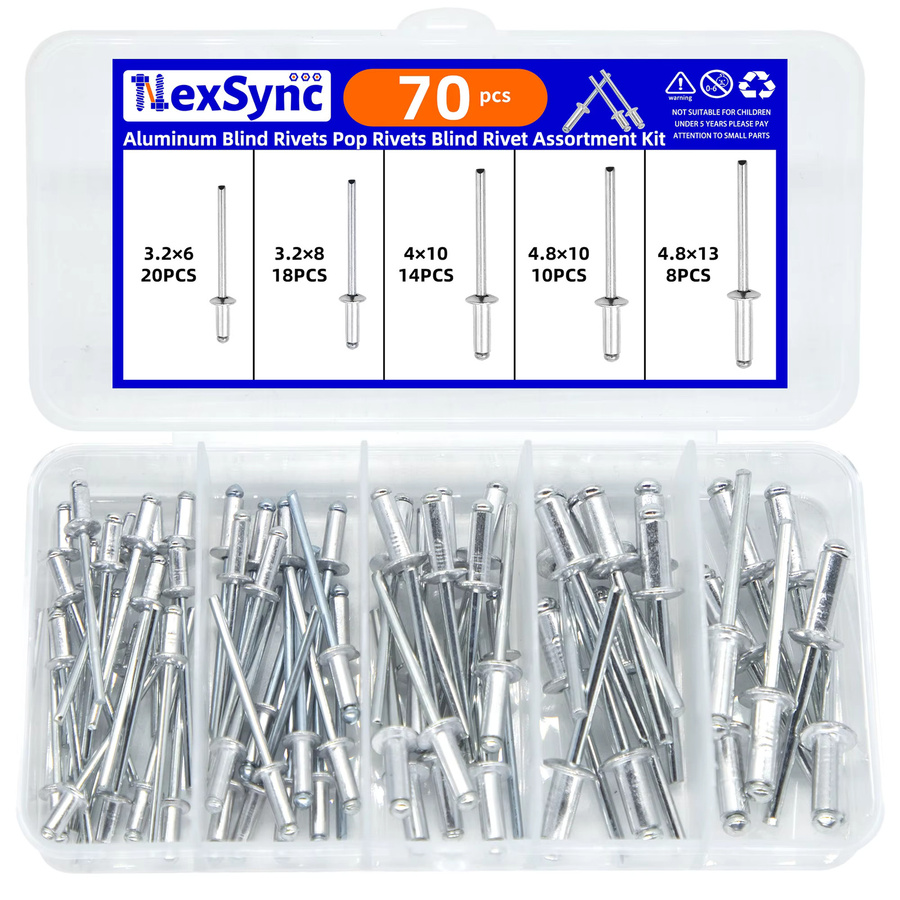 NexSync 70-teiliges Aluminium-Blindnieten-Set in Silber mit Kuppelkopf für M3,2 M4 und M4,8 - Bild 2