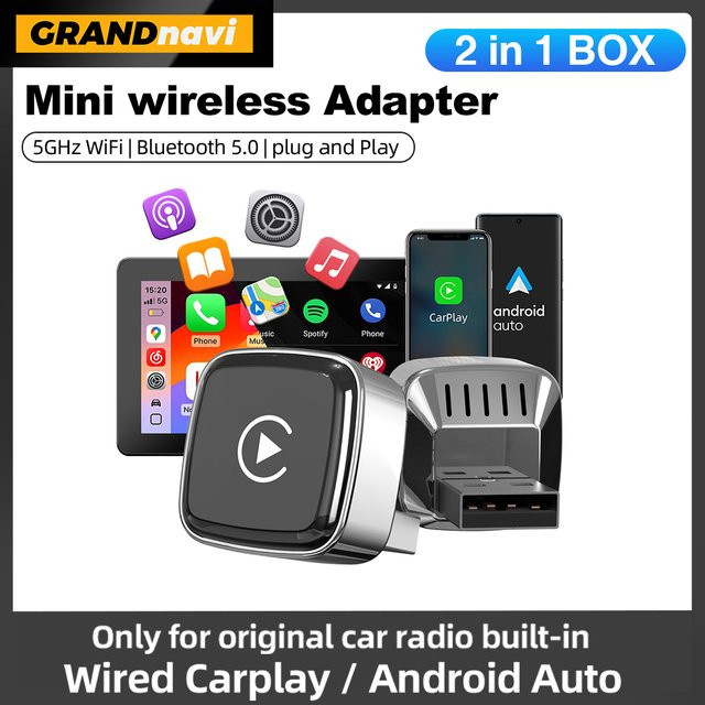 Grandnavi Mini Wireless 2-in-1 Carplay Adapter für Android und iPhone, kabellose AI Box mit USB-Verbindung, Farbe: Schwarz - Bild 1