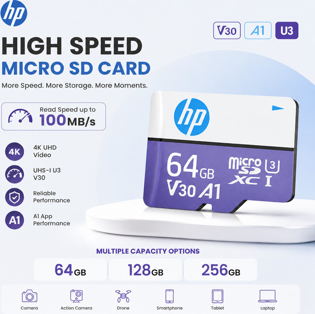 HP Micro SD Speicherkarte 64GB U3 V30 A1 TF Hochgeschwindigkeits-Speicherkarte für Kamera, Handy und Dashcam in Multicolour - Bild 1
