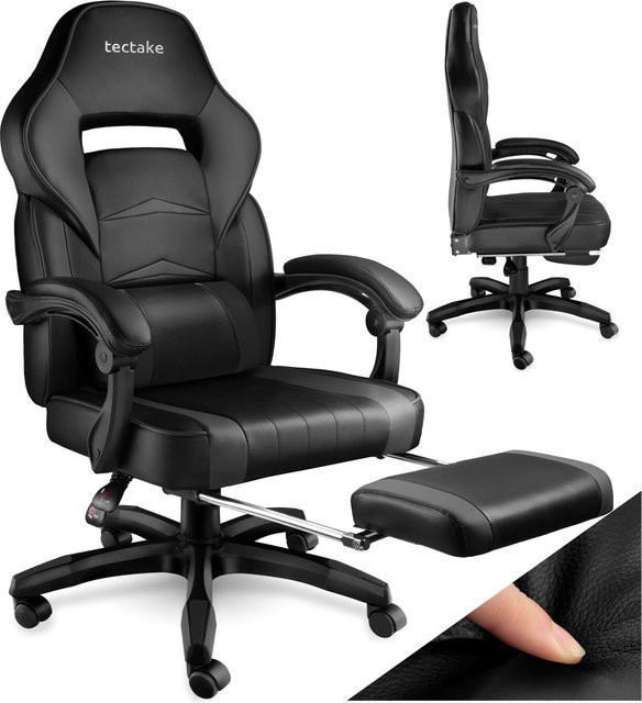 tectake Racing Bürostuhl in Schwarz aus Kunstleder mit Fußstütze und verstellbarer Rückenlehne sowie abnehmbarem Lendenkissen, Belastbarkeit 120 kg - Bild 1
