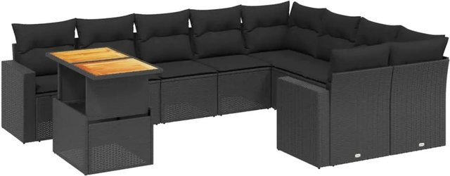 vidaXL 10-tlg. Garten-Sofagarnitur in L-Form aus Polyrattan und Akazienholz mit Kissen, Schwarz - Bild 1