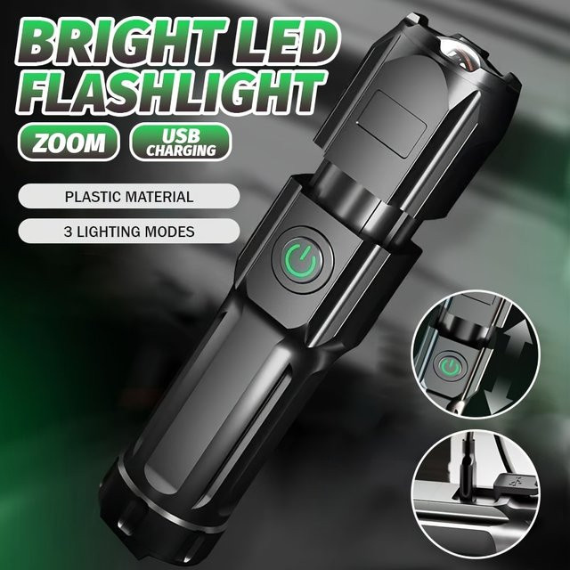 Taktische Heinast LED-Taschenlampe, wiederaufladbar via USB, wasserdicht mit Zoom für Camping, Jagd und Angeln - Bild 1