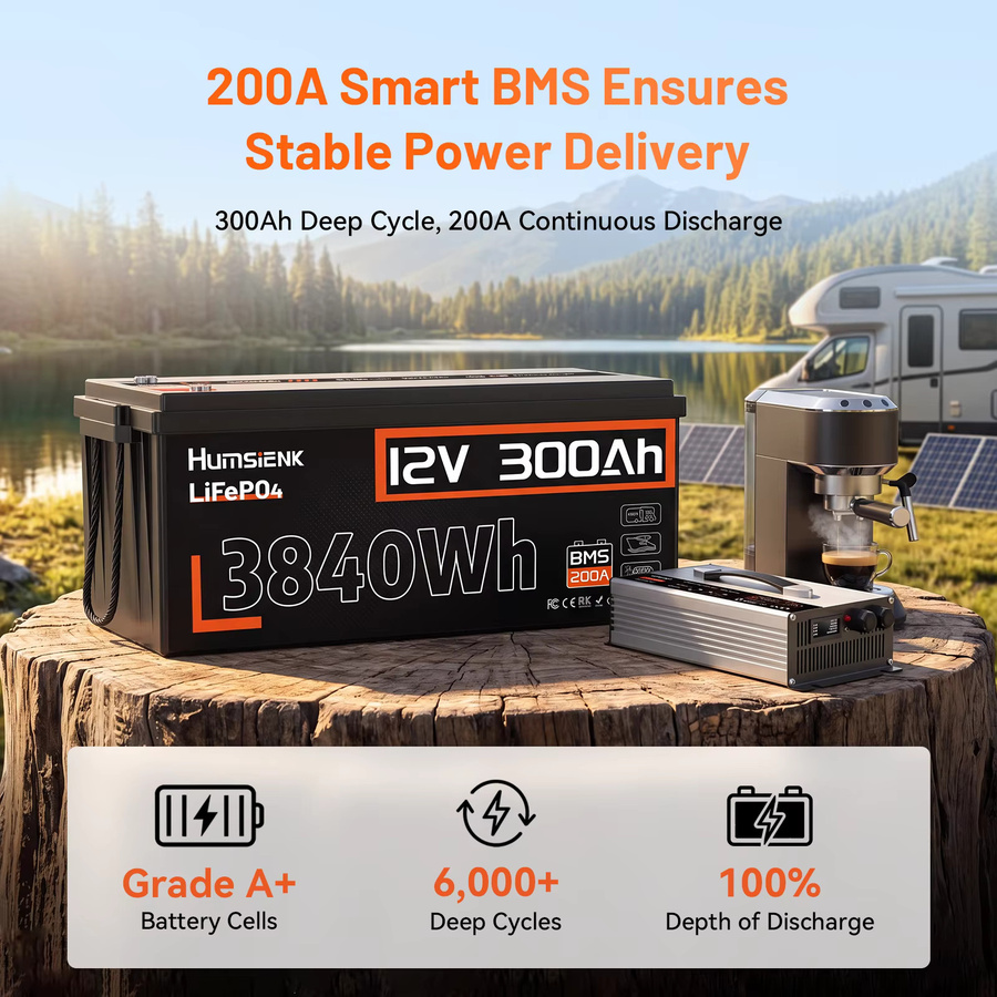 Humsienk LiFePO4 Batterie 12V 300Ah mit 3968Wh Energie und 200A BMS aus Grade A+ Zellen in Schwarz - Bild 2