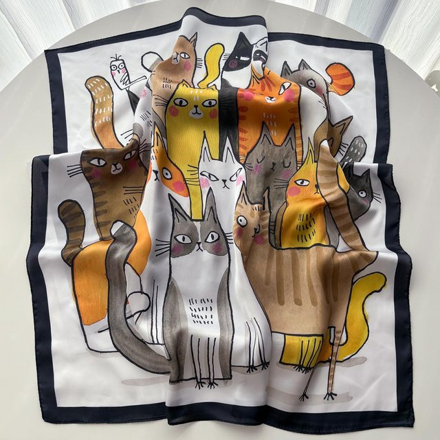 Kopftuch Ruidi bb, Imitation Seide, Katze bedruckt, Damen, 70x70cm, brown - Bild 1
