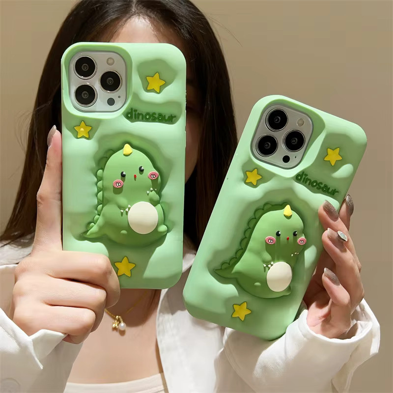 MUQGEW Silikon Handyhülle mit Kawaii Cartoon Dinosaurier für iPhone 12 bis 17 Pro Max, stoßfest und zur Stressbewältigung, Farbe: Grün - Bild 2