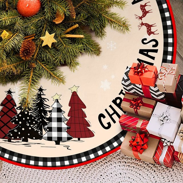 VIKAMA Weihnachtsbaumrock mit Rentier-Motiv und Schneeszene in kariertem Design, rund, mehrfarbig - Bild 1
