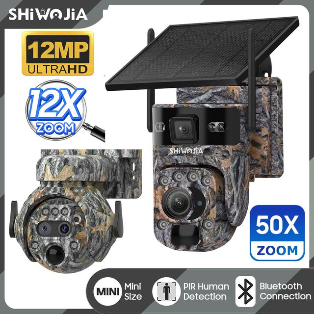 SHIWOJIA 4G Solar Überwachungskamera mit 12 MP, 50X Zoom und 360 Grad Sicht in Camouflage Design - Bild 1