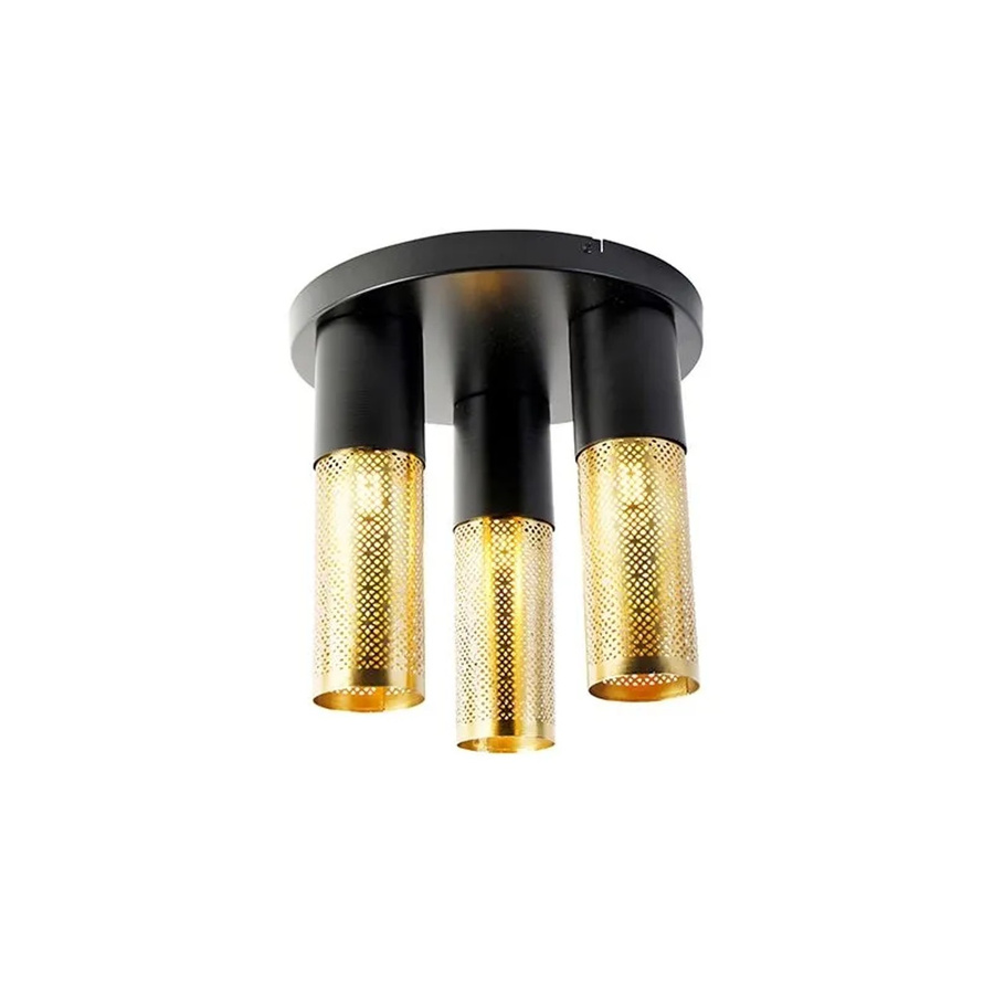 QAZQA Industrielle Deckenlampe aus Stahl in Schwarz und Gold mit 3 runden Leuchten für E27 - Bild 2