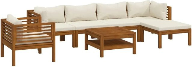 vidaXL 7-tlg Garten-Lounge-Set Modell 2 aus massivem Akazienholz mit Creme Kissen - Bild 1