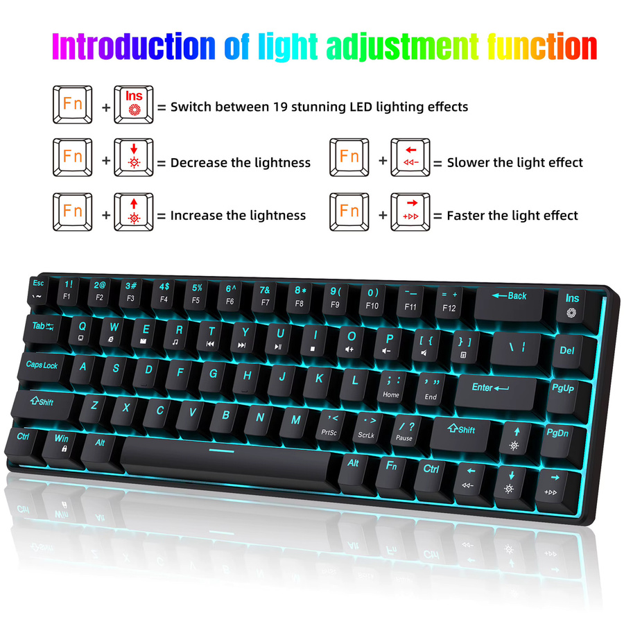HXSJ Mechanische 68-Tasten-Tastatur in Schwarz mit Hintergrundbeleuchtung, zweifarbigen Tastenkappen und abnehmbarem USB-C-Kabel - Bild 2
