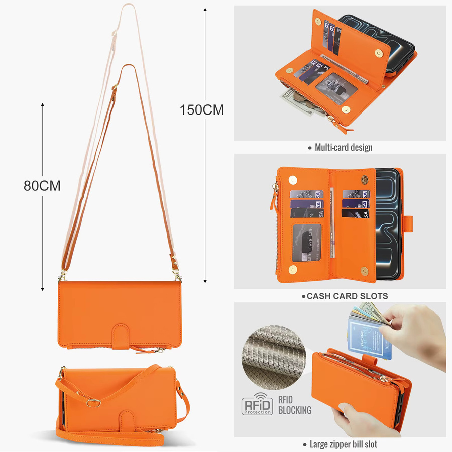 HQBBRO Crossbody Lederhülle für iPhone 11 bis 17 Pro Max mit Kartenfach und langer Umhängekordel, MagSafe-kompatibel, Weiß und Orange - Bild 2