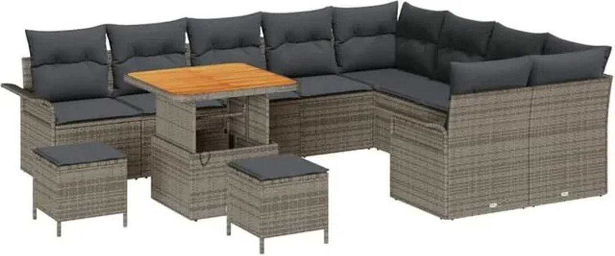 vidaXL Garten-Sofa-Set aus Poly-Rattan in Grau, 12-teiliges höhenverstellbares Loungemöbel-Set mit Metall und Holz, modern - Bild 1