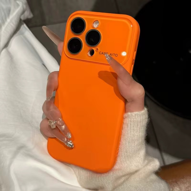 Silikon Schutzhülle mit Glas-Kameraobjektiv-Schutz für iPhone 12 bis 17 Pro Max in Lila und Orange - Bild 2
