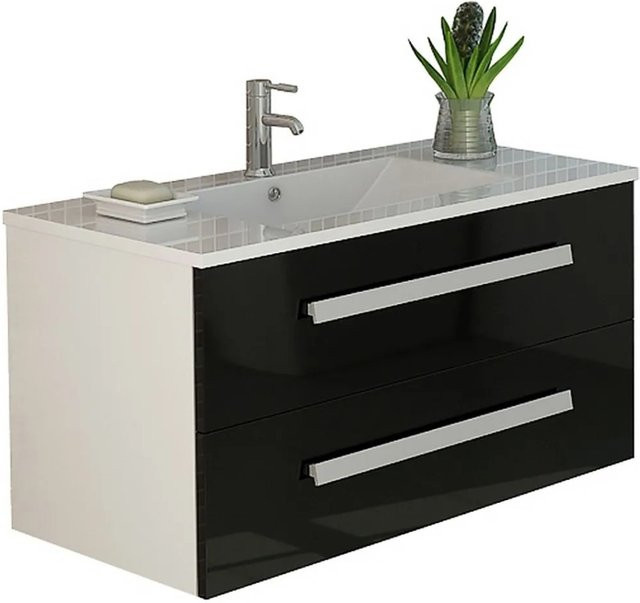 Jet-Line Badset Rapperswil in Schwarz Hochglanz mit Waschbecken und Unterschrank, Breite: 90 cm - Bild 1