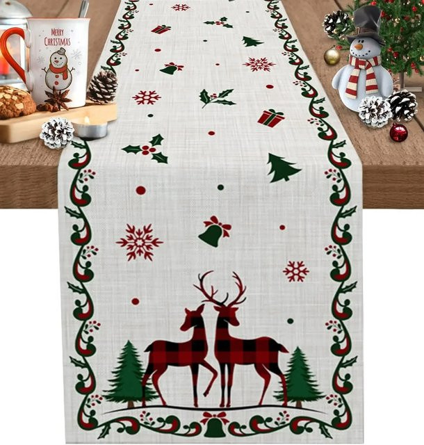 JIT Weihnachts-Tischläufer mit Hirsch-Motiv aus Leinen, Weiß, B/T/H: 150 x 30 x 45 cm - Bild 1