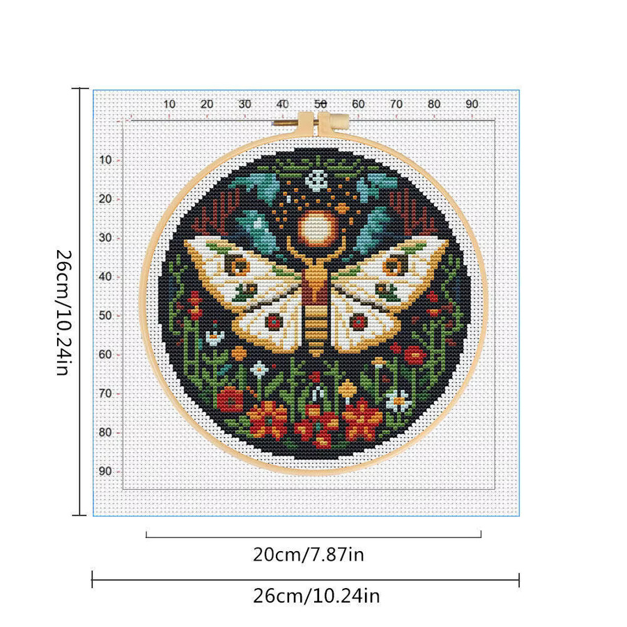MomoArt DIY Kreuzstich-Set mit Schmetterlingsmuster und Blumen, 11 ct bedruckte Leinwand inklusive Stickrahmen und Werkzeug, Mehrfarbig - Bild 2