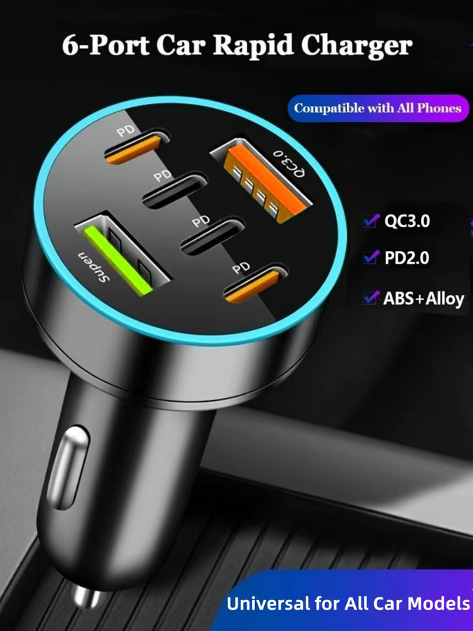 6 Ports USB C Autoladegerät mit PD und QC3.0 Schnellladung, Multi-Port Zigarettenanzünder-Adapter für iPhone, Samsung Galaxy und iPad Pro, Schwarz, 12-24V - Bild 6
