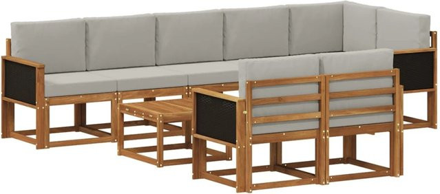 vidaXL Outdoor-Sofagarnitur 9-teilig L-Form aus Akazienholz und grauem Polyester mit UV-beständigen Kissen - Bild 1