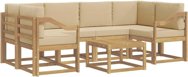 vidaXL Outdoor-Sofagarnitur aus Akazienholz in L-Form mit Kissen und Couchtisch, 7-teiliges Set, Weiß und Beige - Bild 1