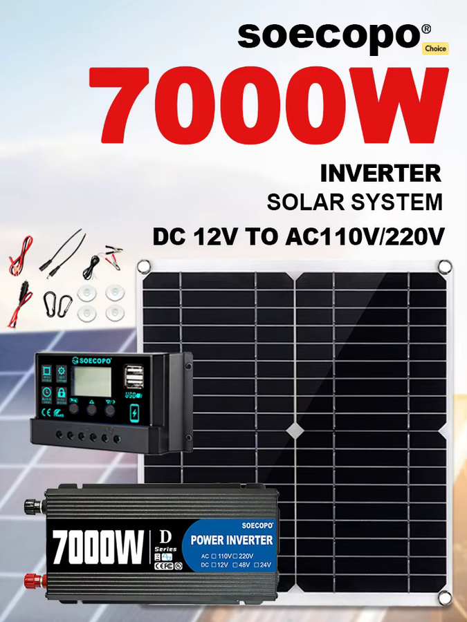 7000 W Wechselrichter-Set in Schwarz mit Solarpanel, Controller, 100 A Batterieladegerät und 12 V zu 110 V / 220 V Konverter für Camping und Beleuchtung - Bild 6