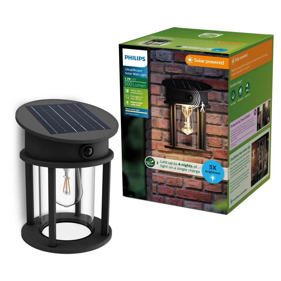 Philips Geri Solar LED Außenwandleuchte mit Bewegungsmelder und Dämmerungssensor, Schwarz - Bild 2