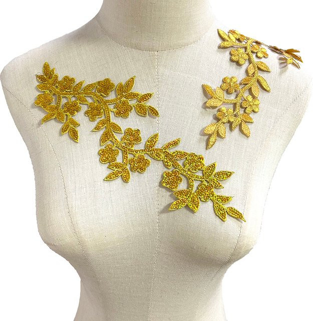 AHYONNIEX Pflaumenranken Patch mit Pailletten-Stickerei in Gold und Silber für Kleidung und Taschen als DIY-Zubehör - Bild 1