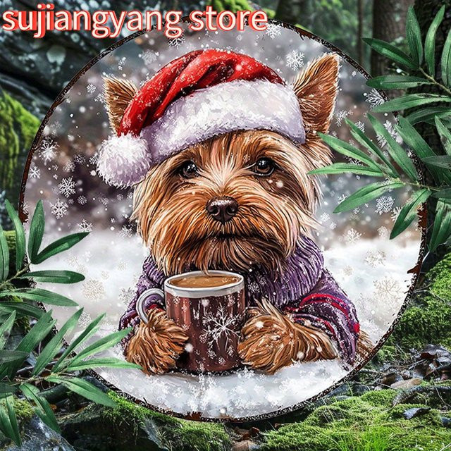 Rundes Aluminiumschild Potdemiel mit Seidigem Terrier in Weihnachtsmütze, Mehrfarbig, Durchmesser: 20 cm - Bild 1