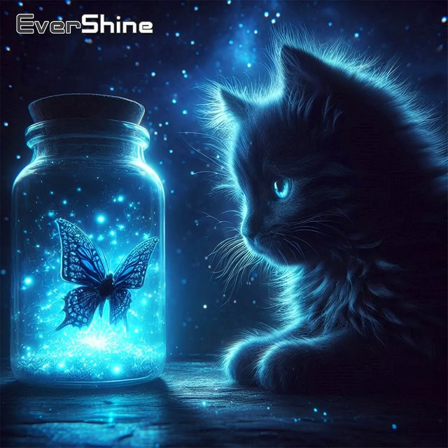 EverShine Diamant-Stickerei Tierbild Katze mit Schmetterling als Strass-Mosaik in Blau, Vollquadratische Diamantmalerei zur Heimdekoration, B/T/H: 20 x 20 x 20 cm - Bild 1