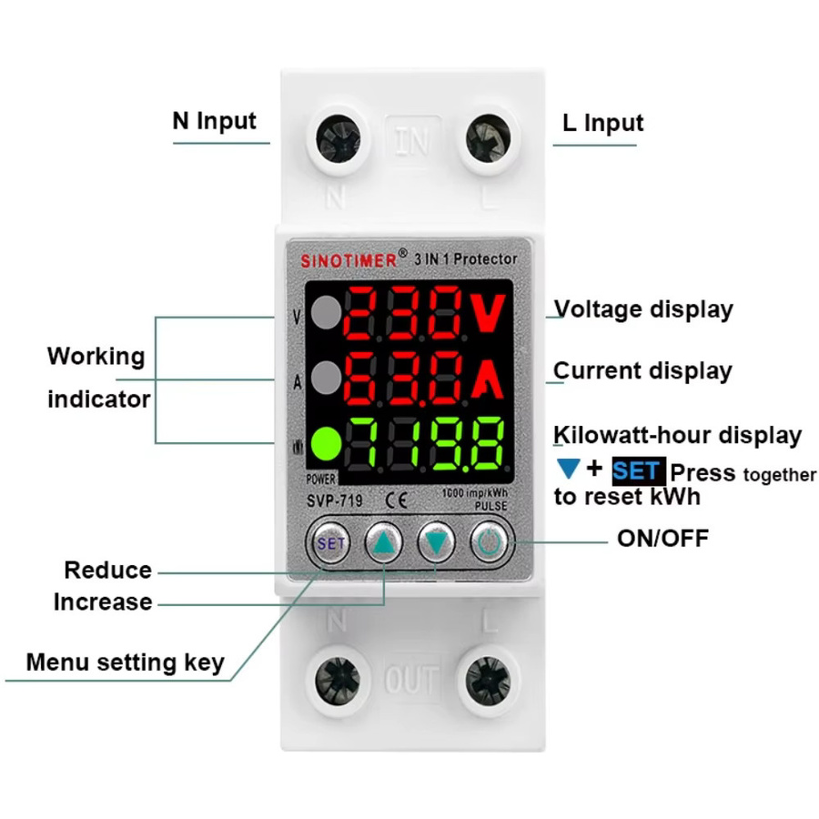 SINOTIMER Einstellbarer Über-/Unterspannungs- und Überspannungsschutz mit Stromverbrauchsmesser und Energiezähler 220V 230VAC 63A - Bild 2