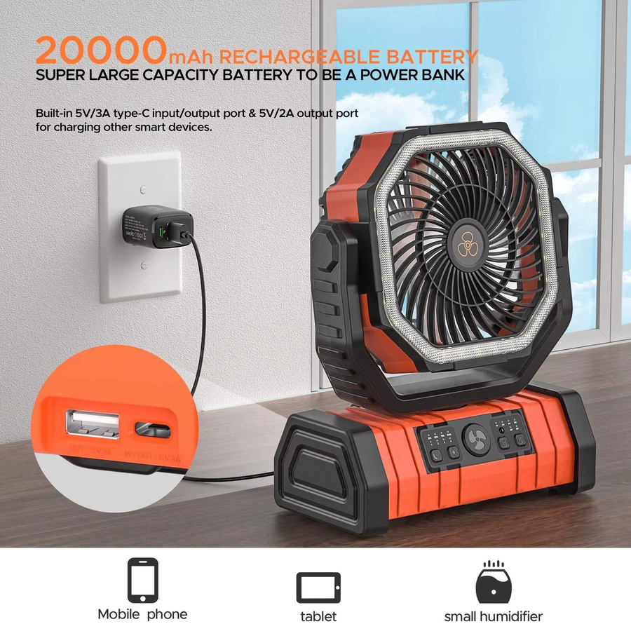 XIAOTREE Camping-Ventilator mit 20000 mAh Akku, wiederaufladbar, mit LED-Licht und Aufhängehaken, erhältlich in Grün oder Orange - Bild 1