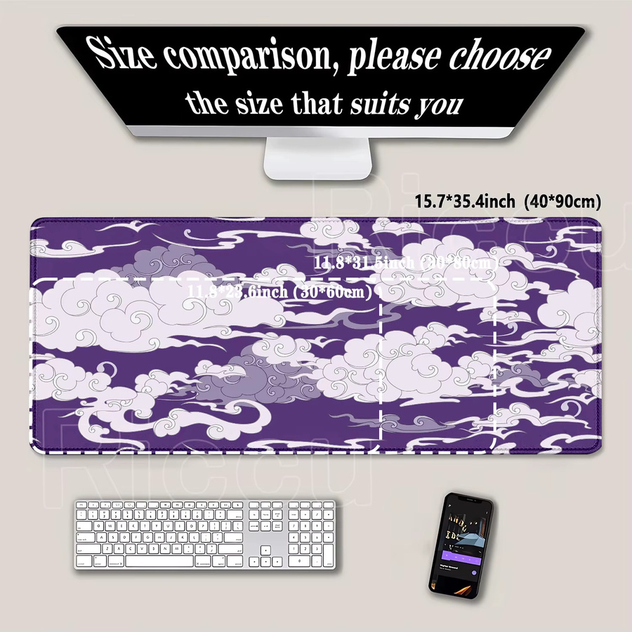 Riccu XXL-Mauspad Cloud-Design in Purple, rutschfeste Schreibtischunterlage aus Naturkautschuk mit HD-Druck, B/T: 90 x 40 cm - Bild 2