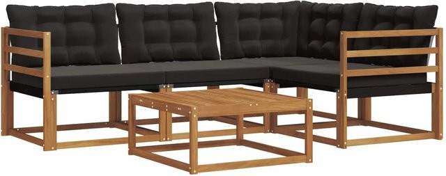 vidaXL Outdoor-Sofagarnitur 5-teilig L-Form aus Akazienholz mit Textilene und Kissen in Schwarz und Natur - Bild 1