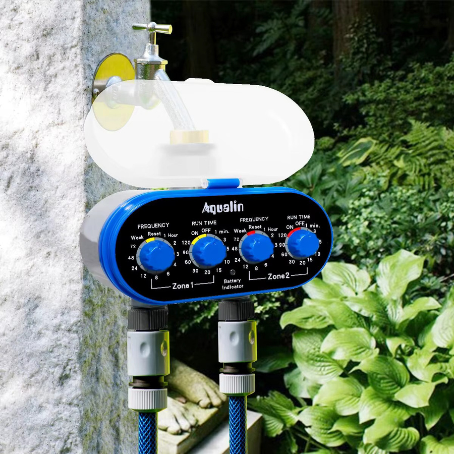 Aqualin Automatischer Bewässerungsregler mit zwei Auslässen und vier Einstellrädern, mechanischer Wasser-Timer in Blau - Bild 2