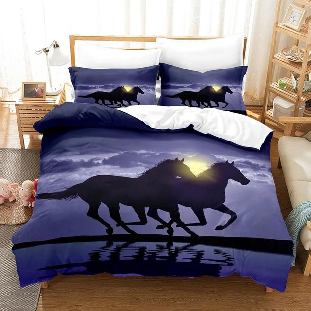 JMG Household Supplies Pferde Bettwäsche Set mit 3D-Anime-Motiv in Blau, 2-teilig, B/H: 140 x 200 cm - Bild 1