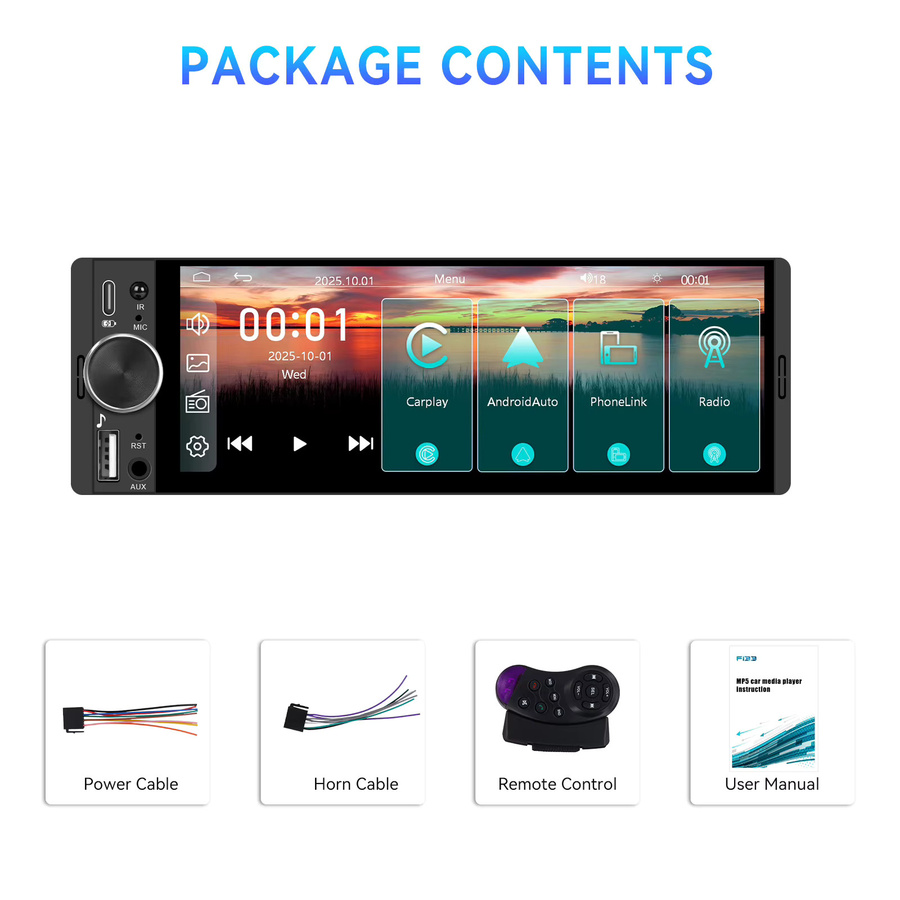 Podofo 1Din Autoradio mit 6,28 Zoll HD-Touchscreen, kabelloses CarPlay und Android Auto, MirrorLink, Bluetooth und USB, Schwarz - Bild 5