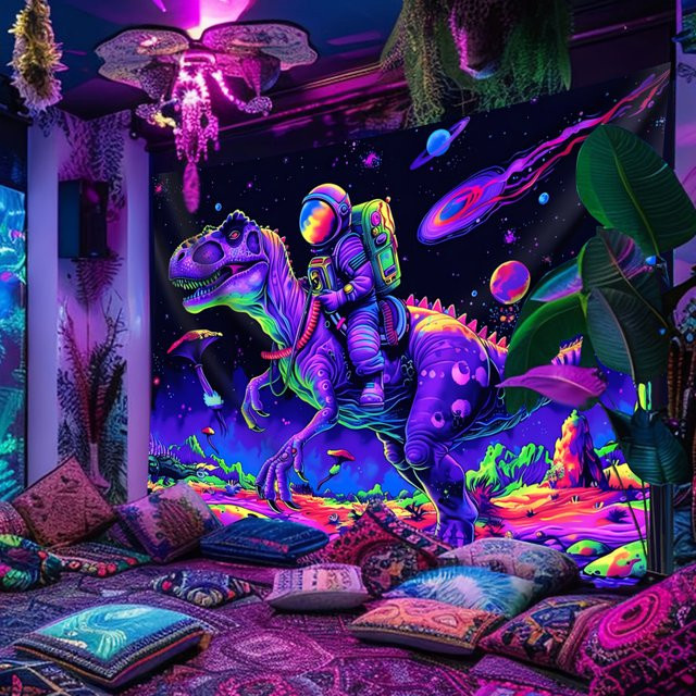 VIKAMA Wandteppich mit Astronaut und Dinosaurier-Motiv, fluoreszierender Hängestoff in Multicolour, B/H: 60 x 40 cm - Bild 1