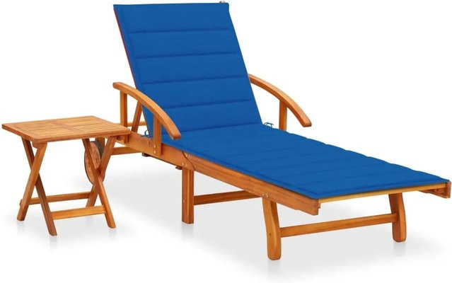 vidaXL Sonnenliege aus Akazien-Massivholz mit Tisch, blauer Auflage und Rollen - Bild 1