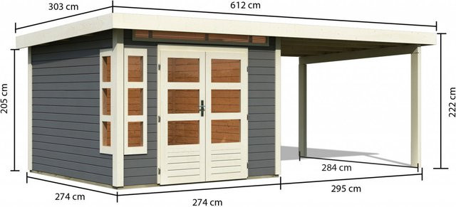 Gartenhaus Holz KASTORF 6 in Terragrau mit 320 m Anbaudach, Wandstärke 28 mm, B/T: 274 x 274 m - Bild 1