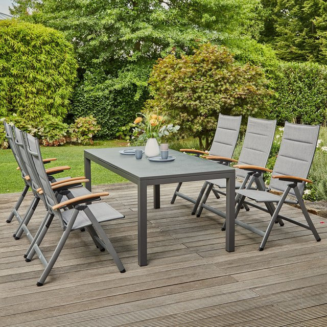 Siena Garden Savina XL/Miros Garten-Essgruppe aus Alu, Teak, Texfabric und Spraystone in matt Graphit/Grau mit ausziehbarem Tisch und 6 Klappstühlen, Tisch B: 180 bis 240 cm, B: 90 cm, H: 75 cm - Bild 1