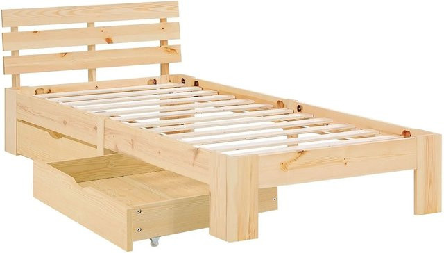 Homestyle4u Einzelbett aus Kiefernholz mit Federkernmatratze und 2 Bettkästen in skandinavischem Flair, B/T/H: 90 x 200 x 67 cm - Bild 1
