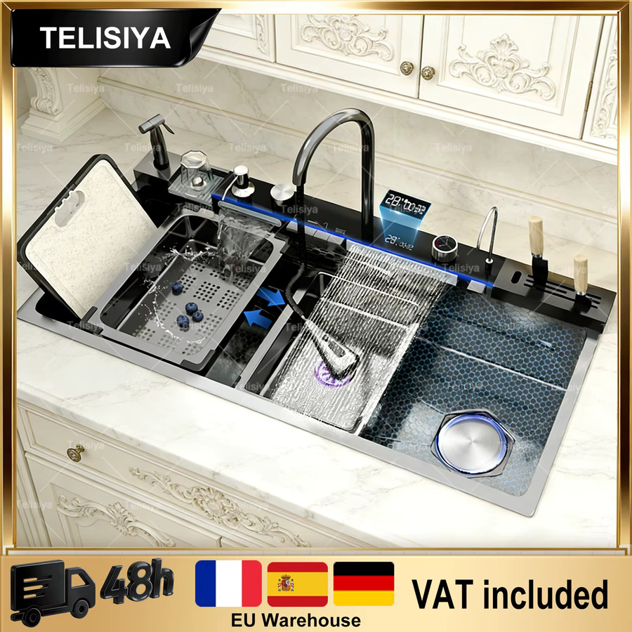 TELISIYA Multifunktionale Küchenspüle aus Edelstahl mit Digitalanzeige und Wasserfall in Silber, B/T: 100 x 50 cm - Bild 1