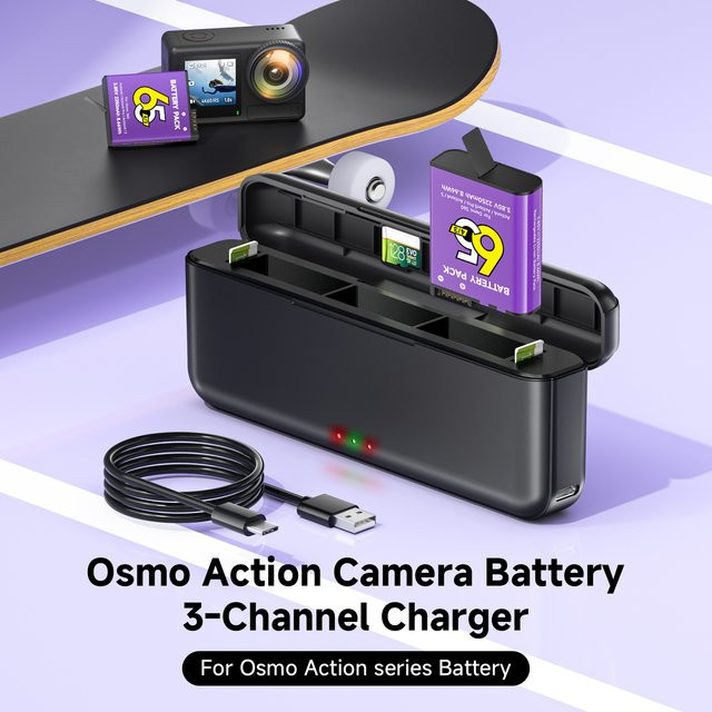 PALO Akku-Set für DJI Osmo Action 5 Pro und Action 4 mit 2250 mAh und 3-Slot USB Smart Ladegerät - Bild 1