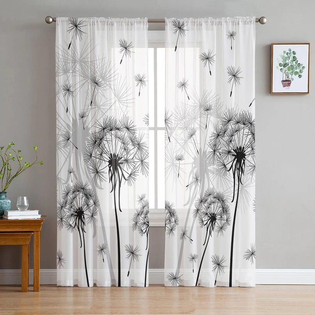 A Family Of Home Textiles Pusteblumen-Tüllvorhänge aus Chiffon in Weiß und Transparent, modernes florales Design für Wohnzimmer und Schlafzimmer, B/H: 135 x 114 cm, 2er-Set - Bild 1