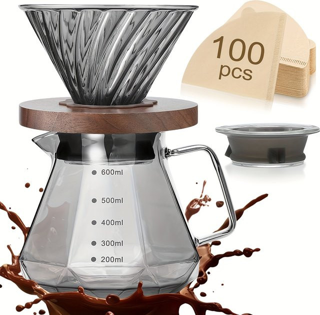 Leeseph Pour-Over-Kaffeebereiter-Set mit Borosilikatglaskaraffe, Walnussholzgriff und 100 Papierfiltern, Grau - Bild 1