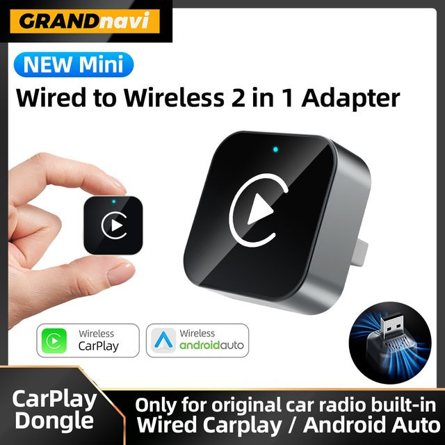Grandnavi Mini 2in1 Wireless CarPlay und Android Auto USB Adapter Dongle Smart Box in Schwarz für VW Toyota Nissan Honda Ford Benz und KIA - Bild 1