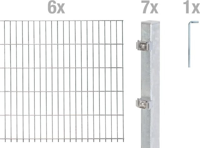 Metallzaun Doppelstabmatte Grund-Set aus Stahl, feuerverzinkt, Farbe: Grau, B: 6 m, H: 1,4 m, T: 0,5 m - Bild 1