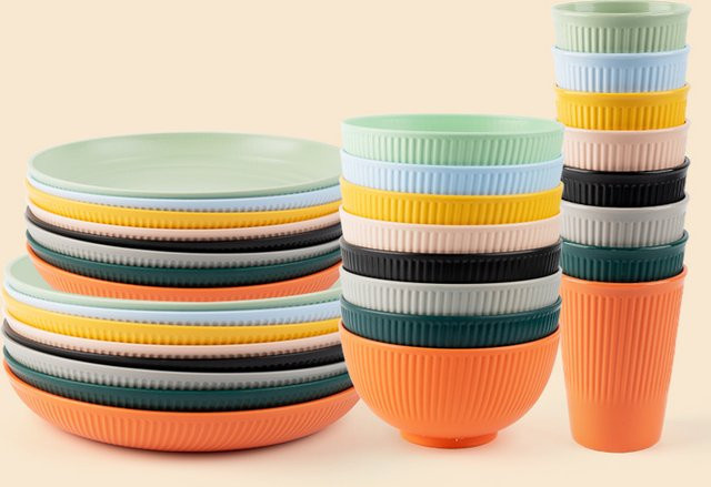 PINKTEN Weizenstroh Besteck Set 4-teilig mit Schüssel und Tasse für Picknick und Camping in Blau und Mehrfarbig - Bild 1